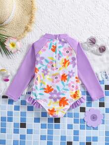 1pc Girls' One-Piece Long Sleeve Floral Ruffled Zipper Swimsuit - Mauve Purple - View 2