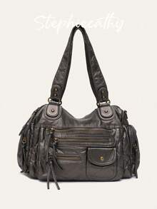 STEPHIECATHY Solid Color Soft Washed PU Vegan Leather Zipper Closure Multiple Pockets Double Short Straps Adjustable Long Belt Shoulder Cross Body Bag For Women Unisex Retro Casual Practical Functional College Daily Travel Outings - 銀色 - 查看 10