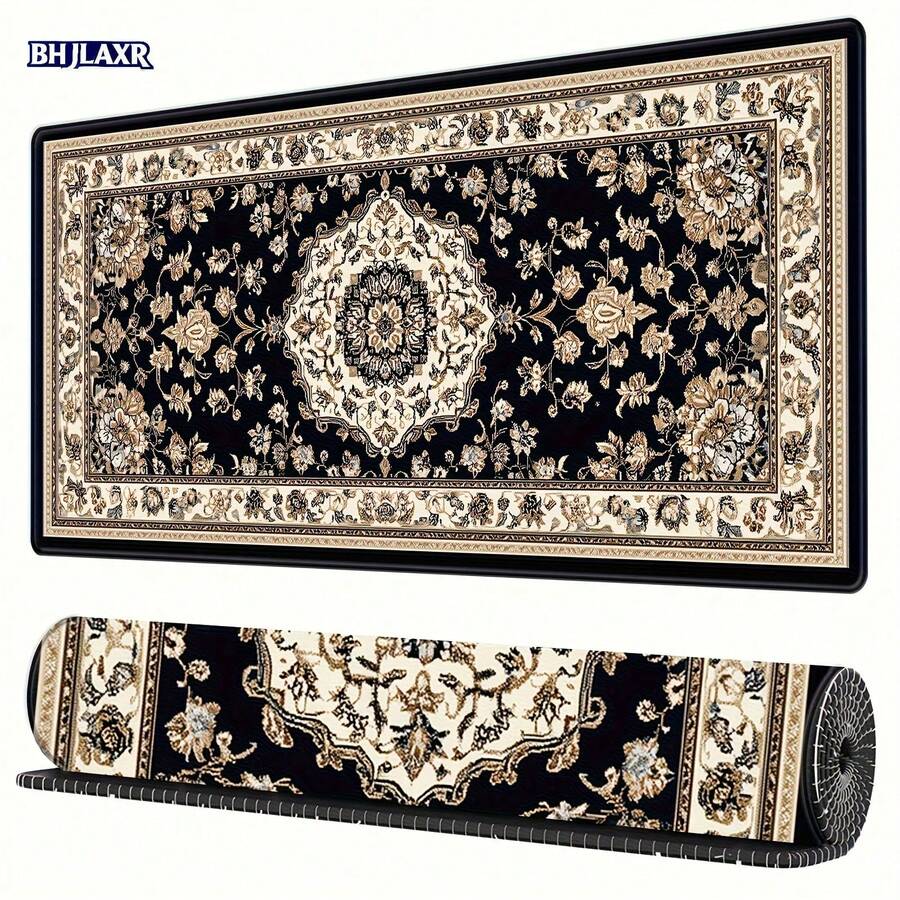 XXL 防滑桌垫，卡通图案桌垫，超大鼠标垫，缝边设计，适用于电脑、办公和游戏（黑色波斯风格）办公桌办公用品办公装饰 - 鼠標墊 - 查看 1