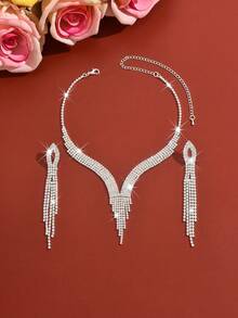 闪耀奢华金色水晶流苏首饰套装，Y形水晶项链配流苏耳环，适合约会之夜、周年纪念日、生日礼物、斋月礼物。 - 1725銀色-HB - 查看 3