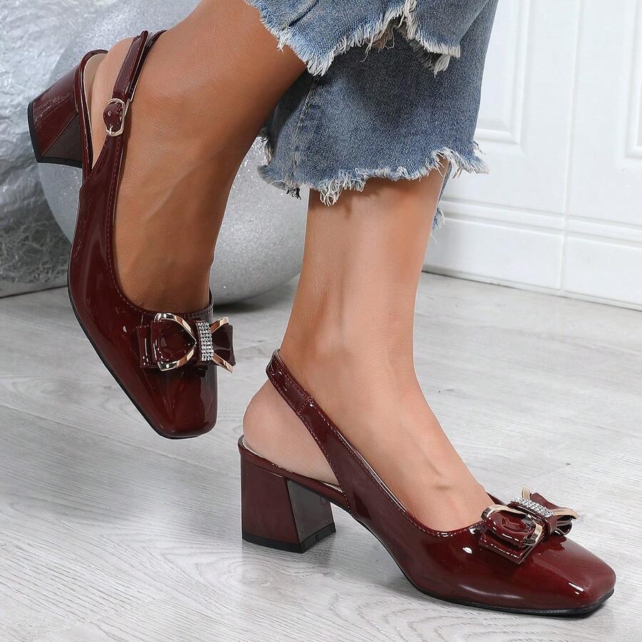 Women's Elegant Luxury Sandals, Fashionable Square Toe High Heels For Walking, Gathering, Commuting, Office, All Seasons - Burgundy - View 1