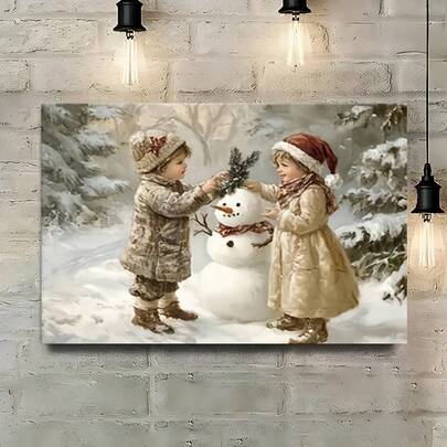 Arte de Pared en Lienzo con Marco de Madera, Decoración de Pared Plana 2D, Estilo Vintage, Escena de Alegría Invernal, Pintura Cálida y Armoniosa de Bola de Nieve Inocente, Perfecta para Dormitorio, Sala de Estar, Comedor o Estudio, Decoración para Navidad, Bodas o Aniversarios