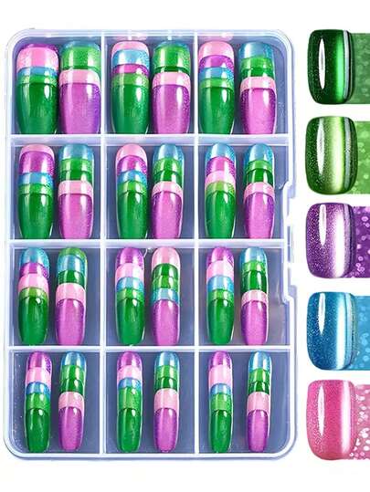 216Pcs/Set Square Short Nail Set, Glossy Colorful Cat-Eye Fake Nail Design, Full Cover Press-On Artificial Nails Reusable Wearable Nail Polish Press On Nails Suitable For Women Or Girls For Daily Nail DIY Design At Home Nail Supplies Nails