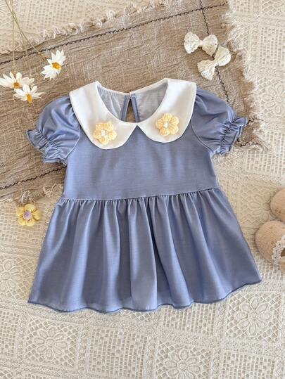 1pc Baby Girls' Casual Floral Decor Doll Collar Petal Sleeve Ruffle Hem Dress, Suitable For Daily Outing, Photo Shoot, Birthday Party, Spring/Summer