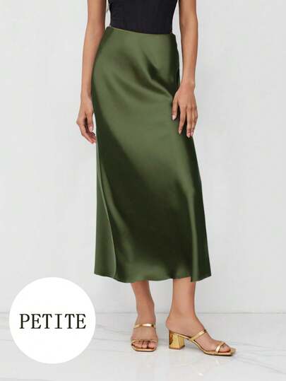 Petite Women Solid Color Satin Shiny Skirt, Suitable For Casual Daily And Commuting Wear
