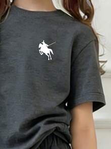 少女骑士印花短袖T恤和裤子休闲套装 - 深灰色 - 查看 3