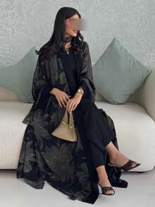 Hafizah Bộ 2 món áo Abaya bằng vải chiffon in họa tiết kèm khăn trùm đầu, áo choàng cardigan kiểu Trung Đông thường ngày. - màu đen - Xem 7