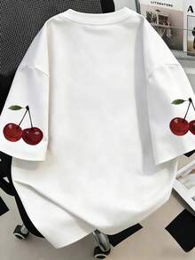 大码女式樱桃字母印花圆领T恤，适合夏季度假、新年礼物、情人节礼物、日常穿着、外出、节日、海滩、派对、生日、聚会、学校、音乐节、度假、通勤、健身、婚礼、外套、沙滩装、度假装、春季装、母亲节礼物；母亲节礼物；女士夏季装、女士假日装，休闲白色 - 白色 - 查看 2