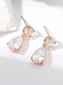 1 Pair Women/Girls Round & Teardrop Shaped Sparkling Cubic Zirconia Stud Earrings, Suitable For Daily Wear, Wedding, Party, Birthday - Multicolor - View 4