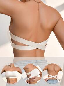 Beige Soft Padded Bandeau Bra With Wide Criss-Cross Straps - Beige - View 4