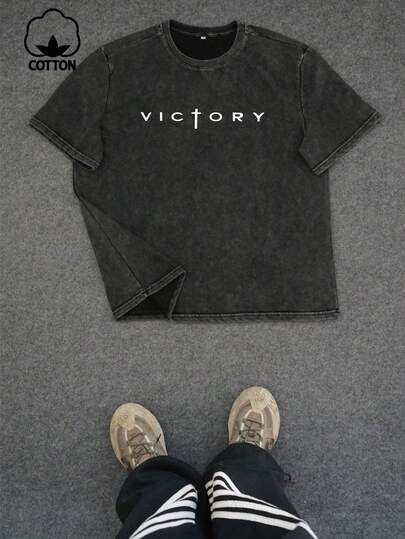 Plus Size Men's Casual Victory Slogan Y2K Dark Style Print Round Neck Washed T-Shirt Short Sleeve, Daily Wear