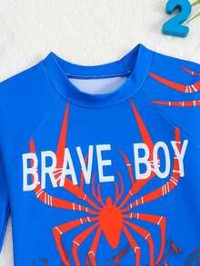 男童卡通火焰蜘蛛印花长袖两件式泳衣 - 藍色 - 查看 2
