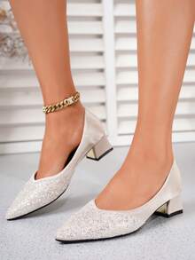 2026 Primavera/Verano Zapatos de tacón de punta francesa, Mocasines de tacón medio con decoración de rhinestones y perlas, Zapatos náuticos elegantes de talla grande - Albaricoque - Ver 8