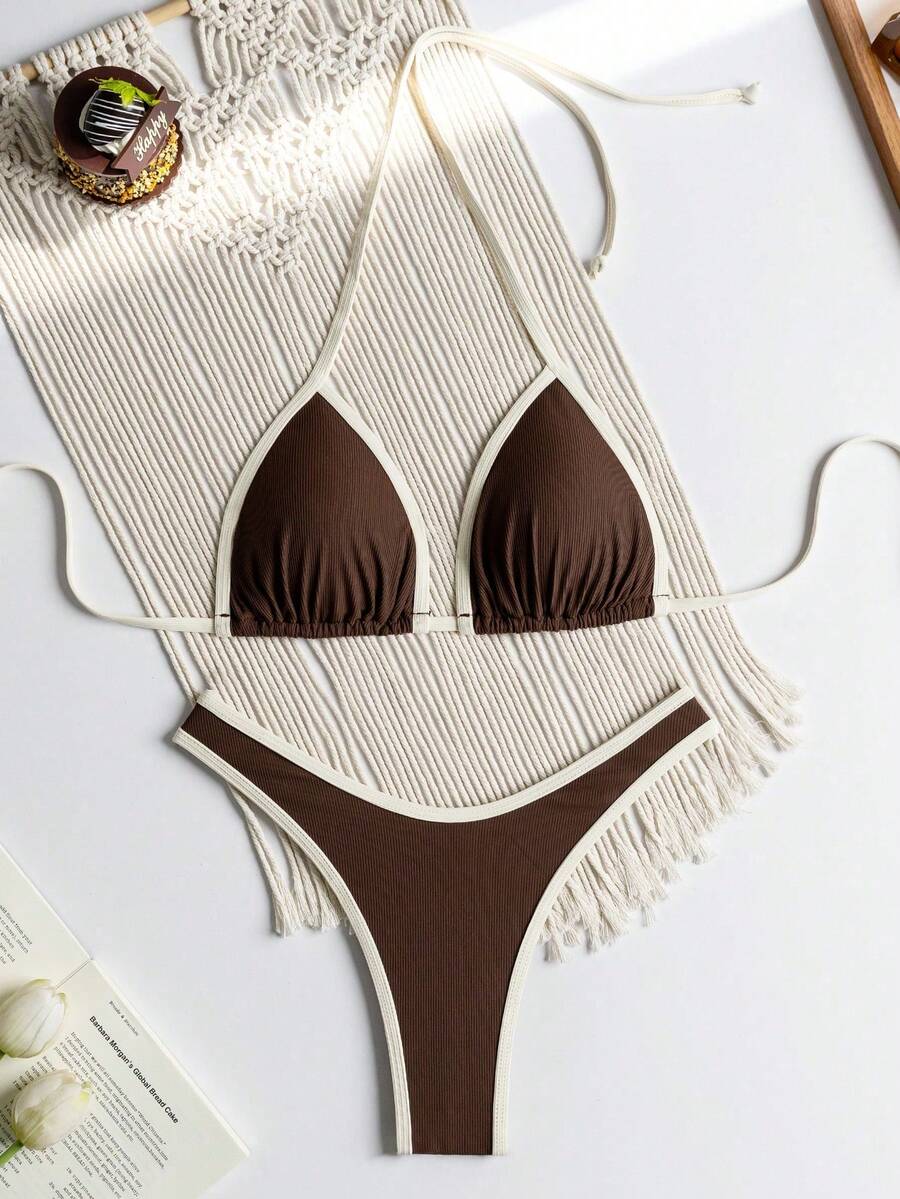 RWX VEST Triangle Bikini With Contrasting Trim And Adjustable Tie 2025 XX574 - Coffee Brown - View 1