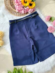 Women's Tailored Bermuda Shorts With Belt, Zipper, And Bag - 寶藍色 - 查看 3