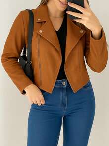 Jaqueta Feminina de Suede Estilosa Com Botões e Zíper Prata Estilo confortável Blusa de Frio - Caramelo - Visão 4