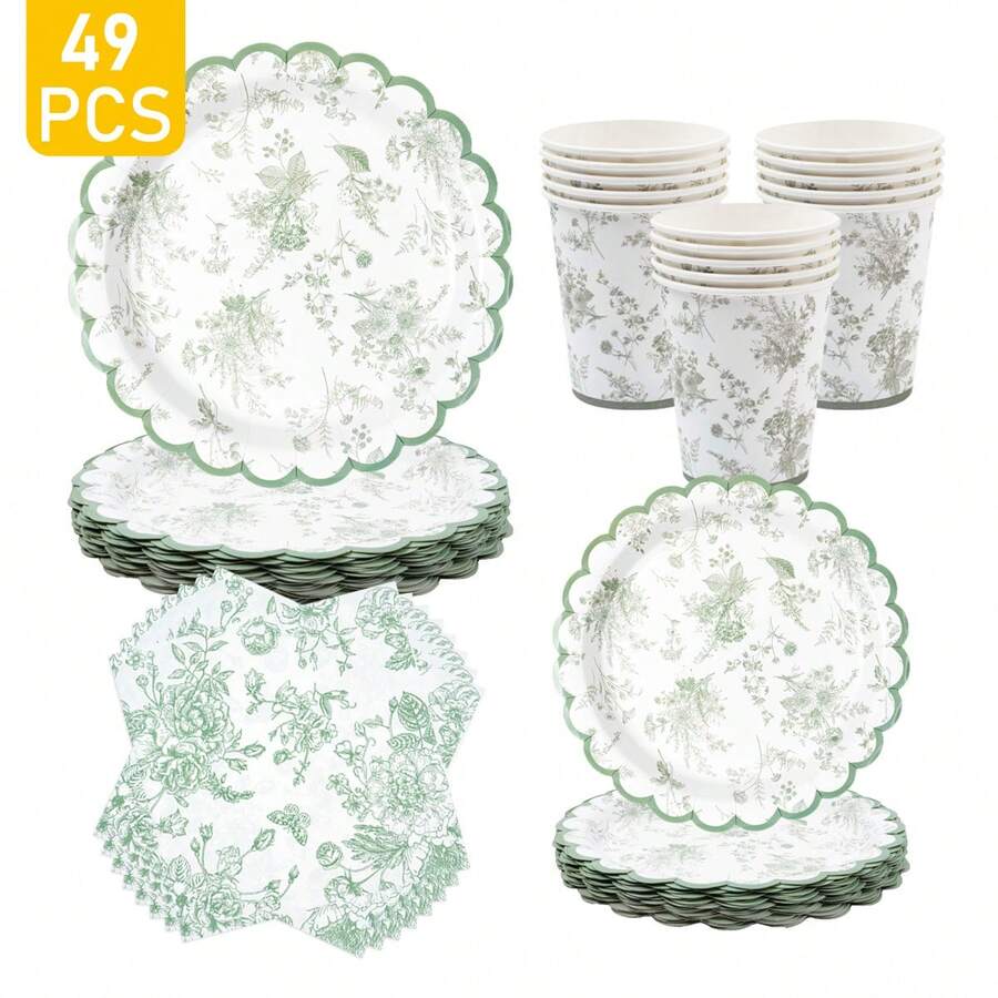 8pcs Green Porcelain Floral Disposable Plate, Napkin, Cup Set, One-Time Party Supplies Suitable For Birthday, Wedding, Theme Party, Family Picnic - Multicolor - View 1