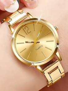 Set de 2 piezas con reloj de cuarzo redondo dorado y pulsera con incrustación de corazón, regalo de cumpleaños, versátil para uso diario - Dorado - Ver 4