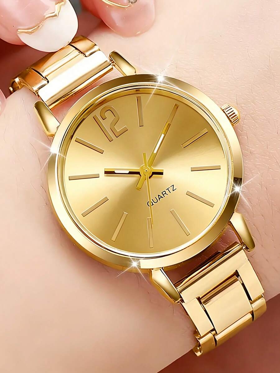 1 set ceas compact cu cuarț auriu la modă și brățară cu strasuri cu inimă aurie pentru adolescenți, carcasă și curea din aliaj, baterie nereîncărcabilă, potrivit ca și cadou pentru întoarcerea la școală, articol versatil, dimensiune curea reglabilă - imagine 4