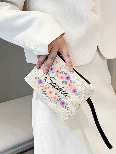 Customizable Floral Name Makeup Bag, Personalized Initial Cosmetic Pouch, Reusable Makeup Bag, Makeup & Toiletry Storage Bag, Zipper Cosmetic Bag, Lightweight Coin Purse, Storage Bag, Travel Accessory, Ideal For Organizing Cosmetics & Toiletries, Adding Unique Fashionable Makeup Storage, Customizable With Your Name And Initial, Great Gift For New Year And Valentine's Day