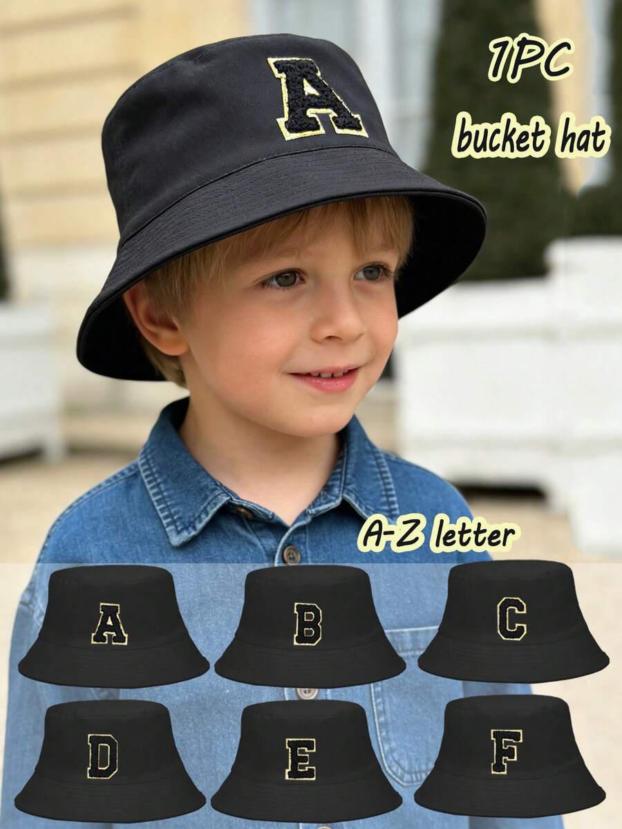 1 Stück Kinder 26 Buchstaben Muster modischer Fischerhut, multifunktionaler Sonnenhut geeignet für Mädchen, lässiges Outdoor-Schulgeschenk, Frühling/Sommer - Schwarz - Übersicht 1