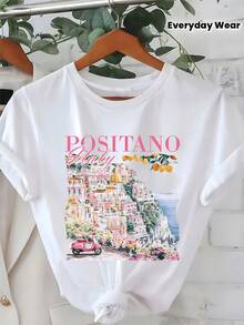 Una Camiseta Cómoda de Manga Corta y Cuello Redondo con un Estampado de la Italiana, Hecha de Tela Suave, Perfecta para el Uso Diario - Blanco - Ver 9