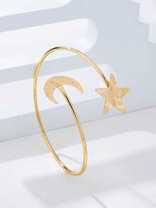 1 pieza Brazalete de metal con estrella y luna arrugado de estilo personalizado y de Oriente Medio para mujeres, ideal para el Ramadán - amarillo dorado - Ver 3