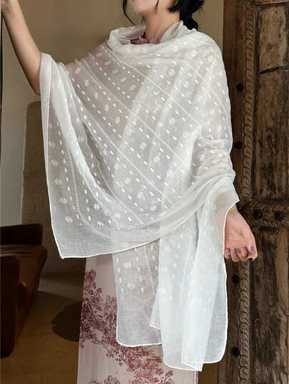 1pc New Style Women's Pure Color Striped Cotton And Linen Jacquard Scarf, Fashionable And Elegant Foam Dot Shawl, Can Be Used As A Headscarf, Daily Evening Wear Accessory, Travel Sunscreen Shawl, And Festival Gift.