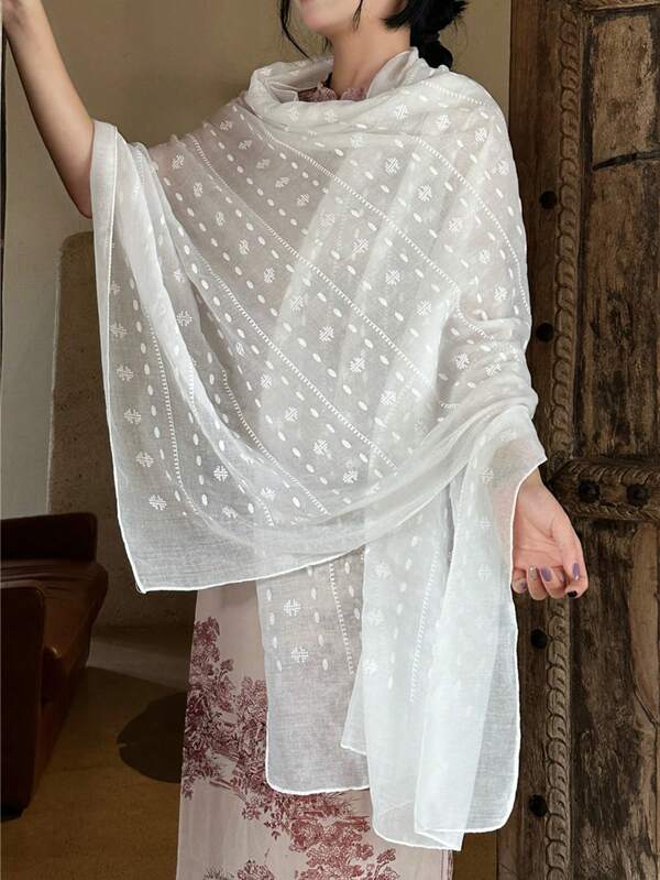 1pc New Style Women's Pure Color Striped Cotton And Linen Jacquard Scarf, Fashionable And Elegant Foam Dot Shawl, Can Be Used As A Headscarf, Daily Evening Wear Accessory, Travel Sunscreen Shawl, And Festival Gift.