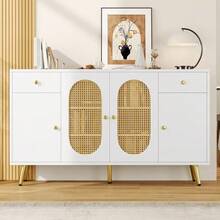 Commode-buffet 140 cm (35x82 cm) blanc et teintes naturelles : 2 tiroirs, 4 portes et tablettes réglables pour salon ou cuisine - défaut - Voir 6