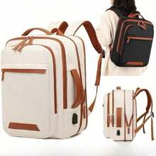 Mochila Unissex Expansível Impermeável Grande Capacidade Multifuncional Com Alças Ajustáveis Carregamento USB - Bege - Visão 5
