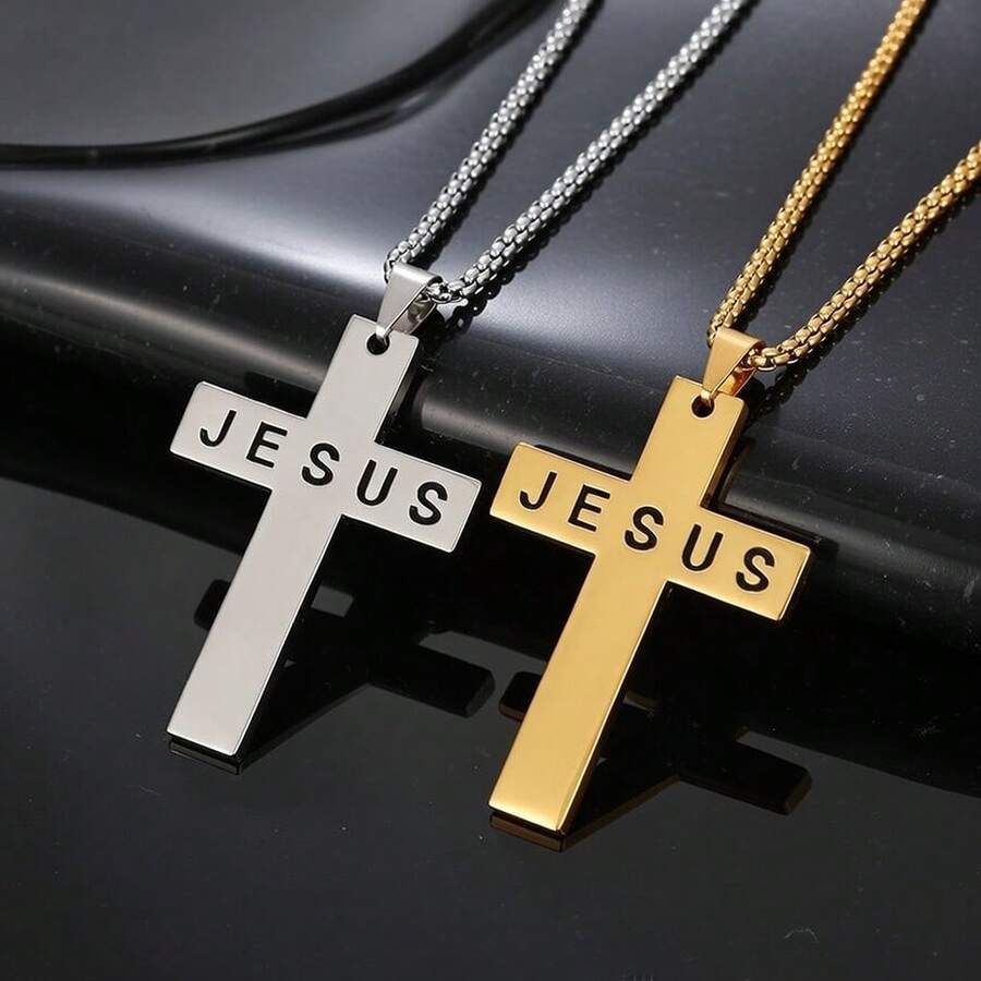 Stainless Steel "JESUS" Hollow Cross Necklace | Unisex Christian Faith Accessory | Fade-Resistant Durable Jewelry - Gold - View 1
