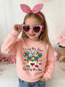 Disney Autism Awareness Minnie Mouse Puzzle Piece "Just The Way You Are" Comfortable Print Young Girls' Long Sleeve Sweatshirt, Suitable For Autumn/Winter, Lightweight And Cozy, Great For Layering In Fall, Fashionable Casual Wear, Graphic Design, Back To School Season, Autumn, Back To School Party, Suitable For Outdoor Picnic, Street Photography, Home, Campus, Holidays, New Year Gift - Pink - View 2