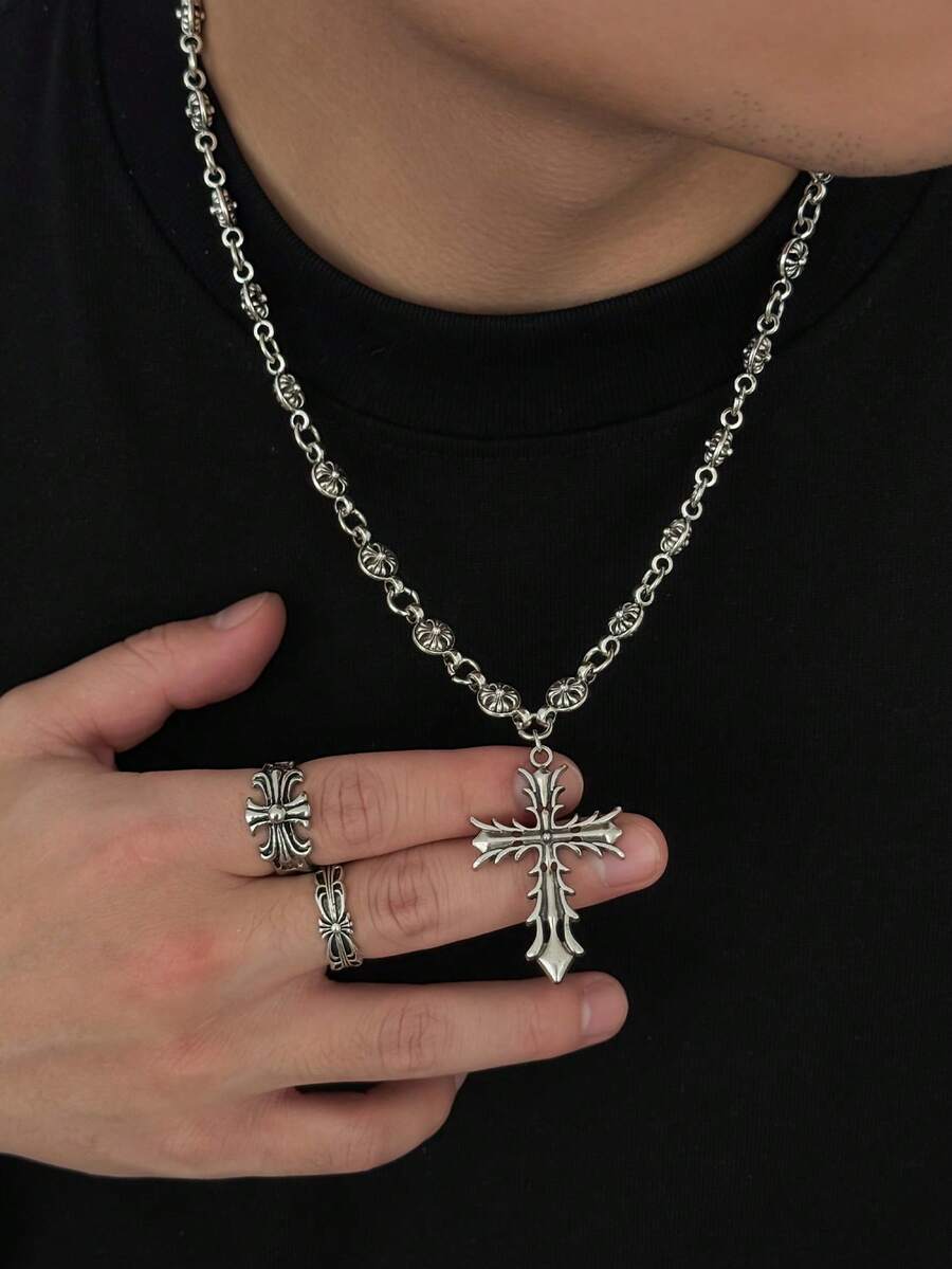 1件哥特风吊坠项链，男女皆宜情侣款，韩式朋克风长项链，Y2K风格颈饰，礼物 - 復古銀色 - 查看 1