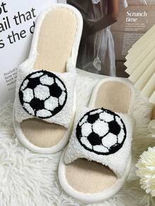 Unisex Football Pattern Embroidered Open Toe Flat Slippers, Soft Plush Non-Slip House Slippers, Spring/Summer - White - View 2