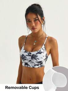 Women's Fashion Removable Padded Bra, Black & White Palm Tree Print, Criss-Cross Strap Round Neck Knit Sports Bra - Black and White - View 1