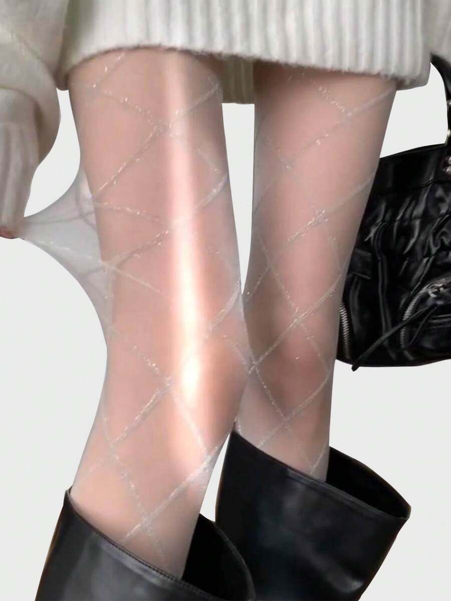 1条闪亮银色交叉渔网袜，性感迷人，适合情人节、婚礼派对、约会之夜。 - 白色 - 查看 1