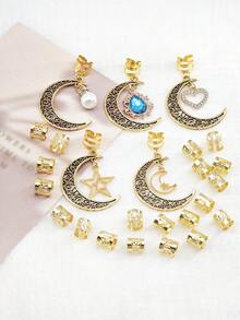 25pcs Moon, Star & Heart Shaped Faux Pearl Inlaid Hollow Out Rhinestone Hair Clips, Fashionable Hair Accessories Suitable For School & Daily Wear, Claw Clips, Hair Slide - Gold - View 3