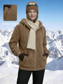 Women's Plush Hooded Long Sleeve Top Coat, Autumn/Winter - Brown - View 1