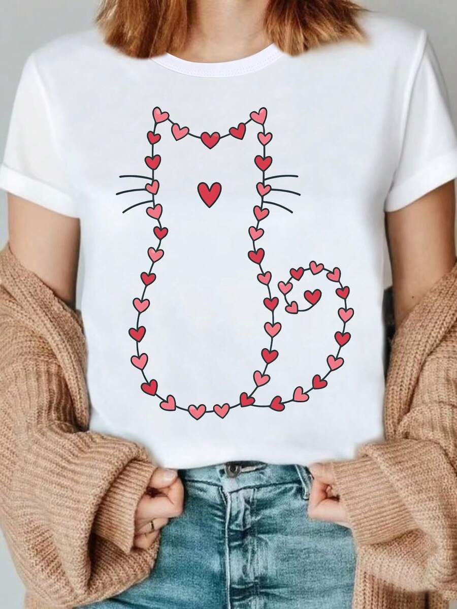 Women's & ' Cat Lover Valentine's Day T-Shirt - Cute Kitten Print With Paw Heart, Cat Mom Shirt, Cosplay Costume Gift For Cat Owners, - Comfortable Round Neck Top - Summer Tops - 2026 New Women's Short-Sleeve T-Shirt - Graphic T-Shirts - White - View 1