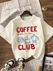 Coffee Club Pattern Print Women's Casual Round Neck Short Sleeve T-Shirt - Light Apricot - View 1