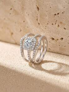 一套925纯银英国女王三件套戒指，镶嵌白色锆石，女士珠宝，适合作为女孩生日派对礼物 - 款式1 - 查看 2