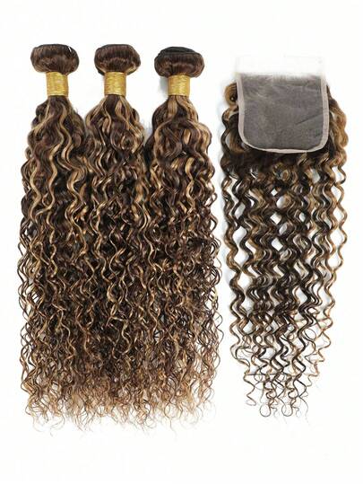 3pcs Piano Gloss Water Wave Texture Virgin Hair Set, Includes 4x4 Free Part Lace Closure, Set Contains Wave Ponytail And Closure, Color P4/27#