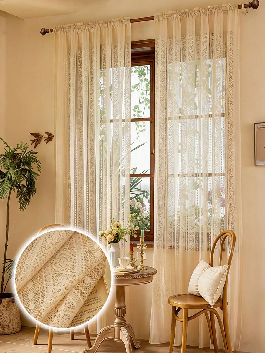 2片波西米亚风薄纱窗帘，法式奶油色蕾丝窗帘，美式农舍风格窗帘，适用于客厅、阳台、卧室 - 米色 - 查看 1