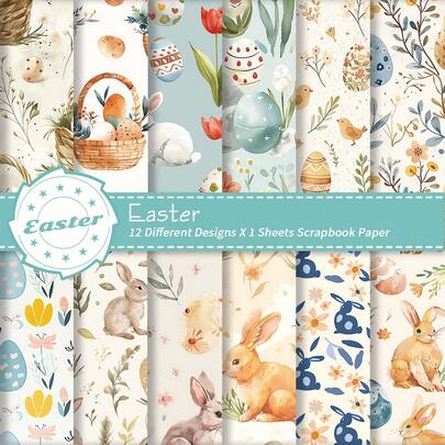 12 قطعة ورق سكرابوك مائي بتصميم أرنب وبيض عيد الفصح، ديكور ربيعي لعيد الفصح لصناعة البطاقات والتجليد والمجلات والمستلزمات الحرفية، مستلزمات سكرابوكينج
