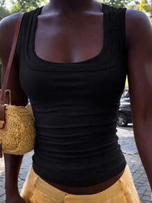 Áo hai dây 2 trong 1 kiểu Y2K dành cho nữ, màu đen trơn, thích hợp cho mùa tựu trường, thể thao ngoài trời và mặc nhà thoải mái vào mùa hè. - màu đen - Xem 11