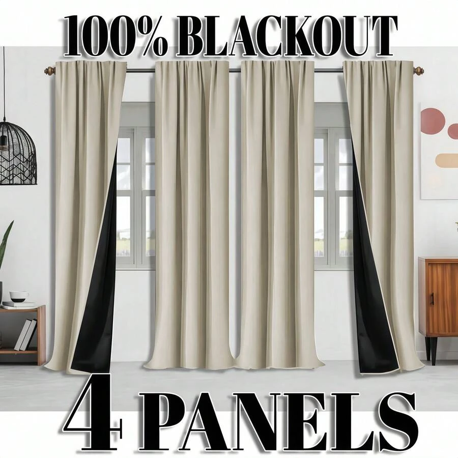 4pcs Blackout Beige Thermal Curtains - 99% UV Resistant Polyester, Rod Pocket Hanging, Non-Bleachable Plain Weave, Bedroom Art Theme, Coated Blackout Thermal Insulation, Noise Reduction - Ideal For Bedroom, Farmhouse And School Deep Sleep, 100gsm - Beige - View 1