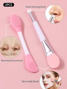 2 piezas Cepillo de silicona de doble extremo para aplicar mascarillas faciales, cepillo de limpieza facial para aplicar mascarillas de barro, masaje, herramientas de maquillaje y belleza - Blanco - Ver 8