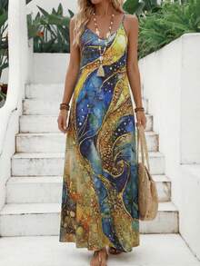Dreamy Starry Sky Print Spaghetti Strap Maxi Dress, V-Neck Sleeveless Breathable Summer Dress, Bohemian Style Essential For Beach Vacation Elegant - Sea Blue - View 2