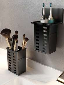 1个白色浴室黑色置物架壁挂式透明免钻孔浴室马桶梳妆台牙刷牙膏梳子收纳整理架 - 黑色 - 查看 1